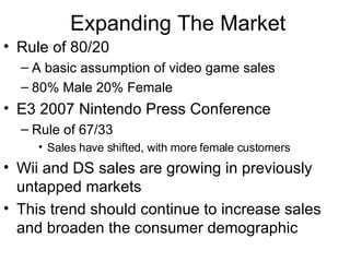 Expanding The Market Rule of 80/20 A basic assumption of video game sales 80% Male 20% Female E3 2007 Nintendo Press Conference Rule of 67/33  Sales have shifted, with more female customers Wii and DS sales are growing in previously untapped markets This trend should continue to increase sales and broaden the consumer demographic 