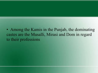 • Among the Kamis in the Punjab, the dominating
castes are the Musalli, Mirasi and Dom in regard
to their professions
 