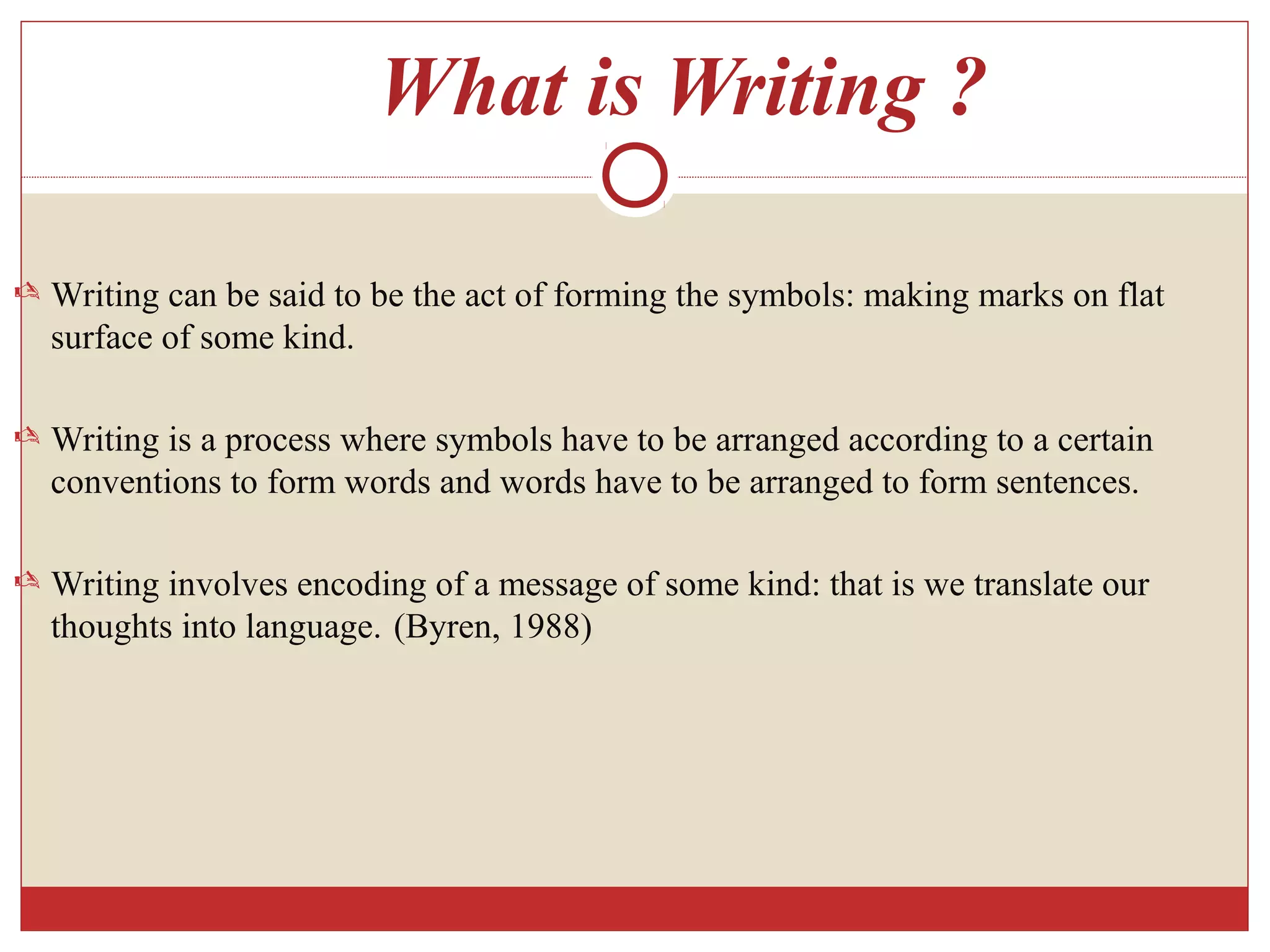 What is Writing ?
 Writing can be said to be the act of forming the symbols: making marks on flat
surface of some kind.
 Writing is a process where symbols have to be arranged according to a certain
conventions to form words and words have to be arranged to form sentences.
 Writing involves encoding of a message of some kind: that is we translate our
thoughts into language. (Byren, 1988)
 