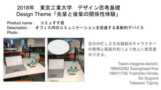 2018年 東京工業大学 デザイン思考基礎
Design Theme「先輩と後輩の関係性体験」
Team-megane-danshi:
18M52080 SeonghwanYeo
18M11708 Yoshihito Hirodo
So Sugiura
Takanori Tajima
Product name： コミュすす君
Description： オフィス内のコミュニケーションを促進する革新的デバイス
Photo：
自分の忙しさを似顔絵のキャラクター
の表情と画面の色により他人に意思表
示できる。
 