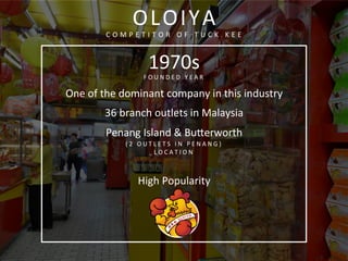  
	
  
1970s	
  
F O U N D E D 	
   Y E A R 	
  
One	
  of	
  the	
  dominant	
  company	
  in	
  this	
  industry	
  
36	
  branch	
  outlets	
  in	
  Malaysia	
  
Penang	
  Island	
  &	
  Buferworth	
  
( 2 	
   O U T L E T S 	
   I N 	
   P E N A N G ) 	
  
L O C A T I O N 	
  
	
  
High	
  Popularity	
  
	
  
	
  
	
  
	
  
OLOIYA	
  
C O M P E T I T O R 	
   O F 	
   T U C K 	
   K E E 	
  
	
  
 