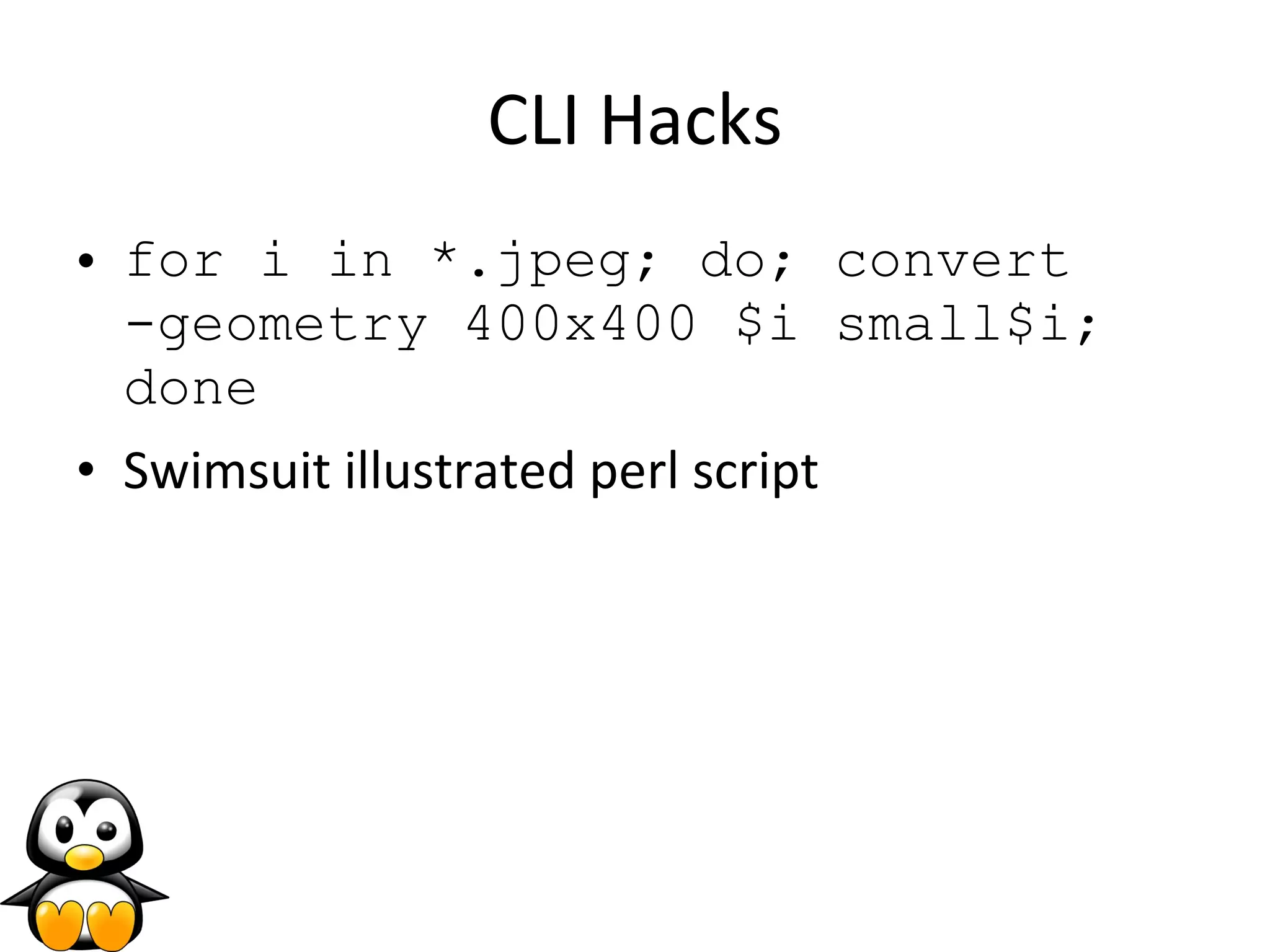 CLI Hacks for i in *.jpeg; do; convert -geometry 400x400 $i small$i; done Swimsuit illustrated perl script 