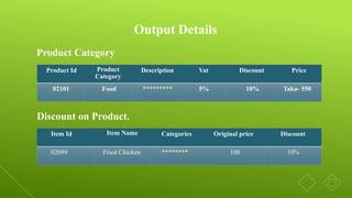 Output Details
Product Id Product
Category
Description Vat Discount Price
02101 Food ********* 5% 10% Taka- 550
Product Category
Discount on Product.
Item Id Item Name Categories Original price Discount
02099 Fried Chicken ******** 100 10%
 