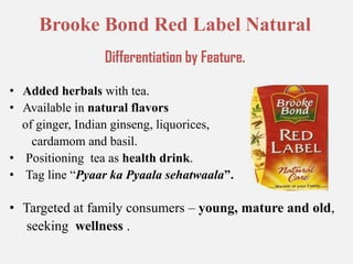 Brooke Bond Red Label NaturalDifferentiation by Feature.Added herbals with tea.Available in natural flavors     of ginger, Indian ginseng, liquorices,        cardamom and basil.  Positioning  tea as health drink. Tag line “Pyaar ka Pyaala sehatwaala”.Targeted at family consumers – young, mature and old,     seeking  wellness .