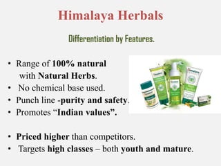 Himalaya HerbalsDifferentiation by Features.Range of 100% natural      with Natural Herbs. No chemical base used.Punch line -purity and safety.Promotes “Indian values”.Priced higher than competitors. Targets high classes – both youth and mature.