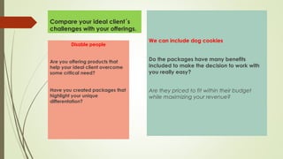 Compare your ideal client´s
challenges with your offerings.
We can include dog cookies
Do the packages have many benefits
included to make the decision to work with
you really easy?
Are they priced to fit within their budget
while maximizing your revenue?
Disable people
Are you offering products that
help your ideal client overcome
some critical need?
Have you created packages that
highlight your unique
differentation?
 