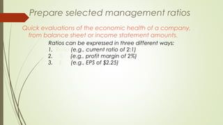 Prepare selected management ratios
Quick evaluations of the economic health of a company,
from balance sheet or income statement amounts.
Ratios can be expressed in three different ways:
1. Ratio (e.g., current ratio of 2:1)
2. % (e.g., profit margin of 2%)
3. $ (e.g., EPS of $2.25)
 