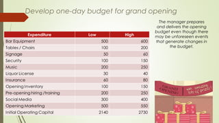 Develop one-day budget for grand opening
The manager prepares
and delivers the opening
budget even though there
may be unforeseen events
that generate changes in
the budget.
 