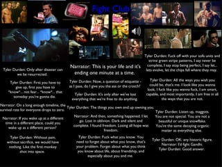 Fight Club Narrator: This is your life and it's ending one minute at a time.  Tyler Durden: Fuck off with your sofa units and strine green stripe patterns, I say never be complete, I say stop being perfect, I say let... lets evolve, let the chips fall where they may.  Tyler Durden: Only after disaster can we be resurrected.  Tyler Durden: Now, a question of etiquette - as I pass, do I give you the ass or the crotch?  Tyler Durden: First you have to give up, first you have to *know*... not fear... *know*... that someday you're gonna die.  Tyler Durden: All the ways you wish you could be, that's me. I look like you wanna look, I fuck like you wanna fuck, I am smart, capable, and most importantly, I am free in all the ways that you are not. Tyler Durden: It's only after we've lost everything that we're free to do anything.  Narrator: On a long enough timeline, the survival rate for everyone drops to zero.  Tyler Durden: Listen up, maggots. You are not special. You are not a beautiful or unique snowflake. You're the same decaying organic matter as everything else.  Tyler Durden: The things you own end up owning you.  Tyler Durden: OK: any historic figure. Narrator: I'd fight Gandhi. Tyler Durden: Good answer.  Narrator: If you wake up at a different time in a different place, could you wake up as a different person?  Tyler Durden: Without pain, without sacrifice, we would have nothing. Like the first monkey shot into space.  Narrator: And then, something happened. I let go. Lost in oblivion. Dark and silent and complete. I found freedom. Losing all hope was freedom. Tyler Durden: Fuck what you know. You need to forget about what you know, that's your problem. Forget about what you think you know about life, about friendship, and especially about you and me.  