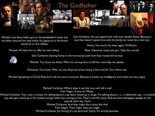 The Godfather Michael: Luca Brasi held a gun to the bandleader's head, and my father assured him that either his signature or his brains would be on the release. Don Corleone: Do you spend time with your family? Good. Because a man that doesn't spend time with his family can never be a real man.  Michael: I'll make him an offer he can't refuse.  Sonny: You touch my sister again, I'll kill you.  Peter Clemenza: Leave the gun. Take the cannoli.  Don Corleone: [seeing Sonny in the mortuary] Look how they massacred my boy. Michael: You know my father? Men are coming here to kill him, now help me, please.  Clemenza: You know, Mike, we was all proud of you being a hero and all. Your father too.  Michael: [speaking to Carlo] Only don't tell me you're innocent. Because it insults my intelligence and makes me very angry.  Michael Corleone: Where does it say that you can't kill a cop? Tom Hagen: Come on, Mikey... Michael Corleone: Tom, wait a minute. I'm talking about a cop that's mixed up in drugs. I'm talking about a - a - a dishonest cop - a crooked cop who got mixed up in the rackets and got what was coming to him. That's a terrific story. And we have newspaper people on the payroll, don't we, Tom? Michael Corleone: And they might like a story like that. Tom Hagen: They might, they just might. Michael Corleone: [to Sonny] It's not personal, Sonny. It's strictly business. 