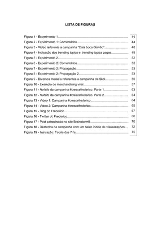 LISTA DE FIGURAS


Figura 1 - Experimento 1..................................................................................   44
Figura 2 - Experimento 1: Comentários............................................................            44
Figura 3 - Vídeo referente a campanha “Cala boca Galvão”............................                         48
Figura 4 - Indicação dos trending topics e trending topics pagos....................                         49
Figura 5 - Experimento 2..................................................................................   52
Figura 6 - Experimento 2: Comentários............................................................            52
Figura 7 - Experimento 2: Propagação.............................................................            53
Figura 8 - Experimento 2: Propagação 2..........................................................             53
Figura 9 - Diversos meme’s referentes a campanha da Skol...........................                          55
Figura 10 - Exemplo de merchandising viral..................................................... 57
Figura 11 - Hotsite da campanha #crescefrederico. Parte 1............................                        63
Figura 12 - Hotsite da campanha #crescefrederico. Parte 2............................                        64
Figura 13 - Video 1: Campanha #crescefrederico............................................                   64
Figura 14 - Video 2: Campanha #crescefrederico............................................                   65
Figura 15 - Blog do Frederico...........................................................................     67
Figura 16 - Twitter do Frederico........................................................................     68
Figura 17 - Post patrocinado no site Brainstorm9............................................. 70
Figura 18 - Desfecho da campanha com um baixo índice de visualizações....                                    72
Figura 19 - Ilustração: Teoria dos 7 i’s.............................................................. 75
 