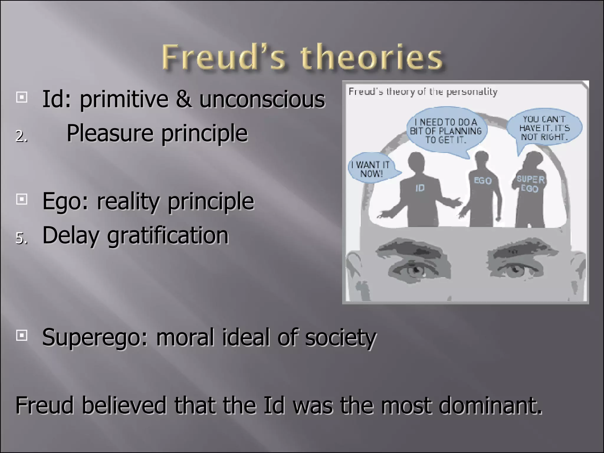 Id: primitive & unconscious Pleasure principle Ego: reality principle Delay gratification Superego: moral ideal of society Freud believed that the Id was the most dominant.  