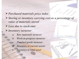 Purchased materials price index Storing or inventory carrying cost as a percentage of value of materials stored Loss due to stock-outs Inventory turnover Raw materials turnover Work-in-progress turnover  Finished goods turnover  Inventory to current assets Inventory to total asset 