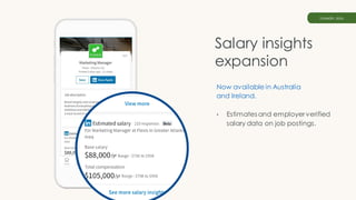 Now available in Australia
and Ireland.
• Estimates and employer verified
salary data on job postings.
Salary insights
expansion
LinkedIn Jobs
 