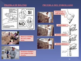 12
Preparar un
rollo de barro
ACEPTABLE
MUCHA ARENA
MUCHA ARCILLA
PRUEBLA DE BOLITAS PRUEBLA DEL ENROLLADO
Hacer 5 o 6 bolitas
de 2 cm, y dejar
secar.
Presionar el pulgar :
si se rompe no usar
el suelo.
 