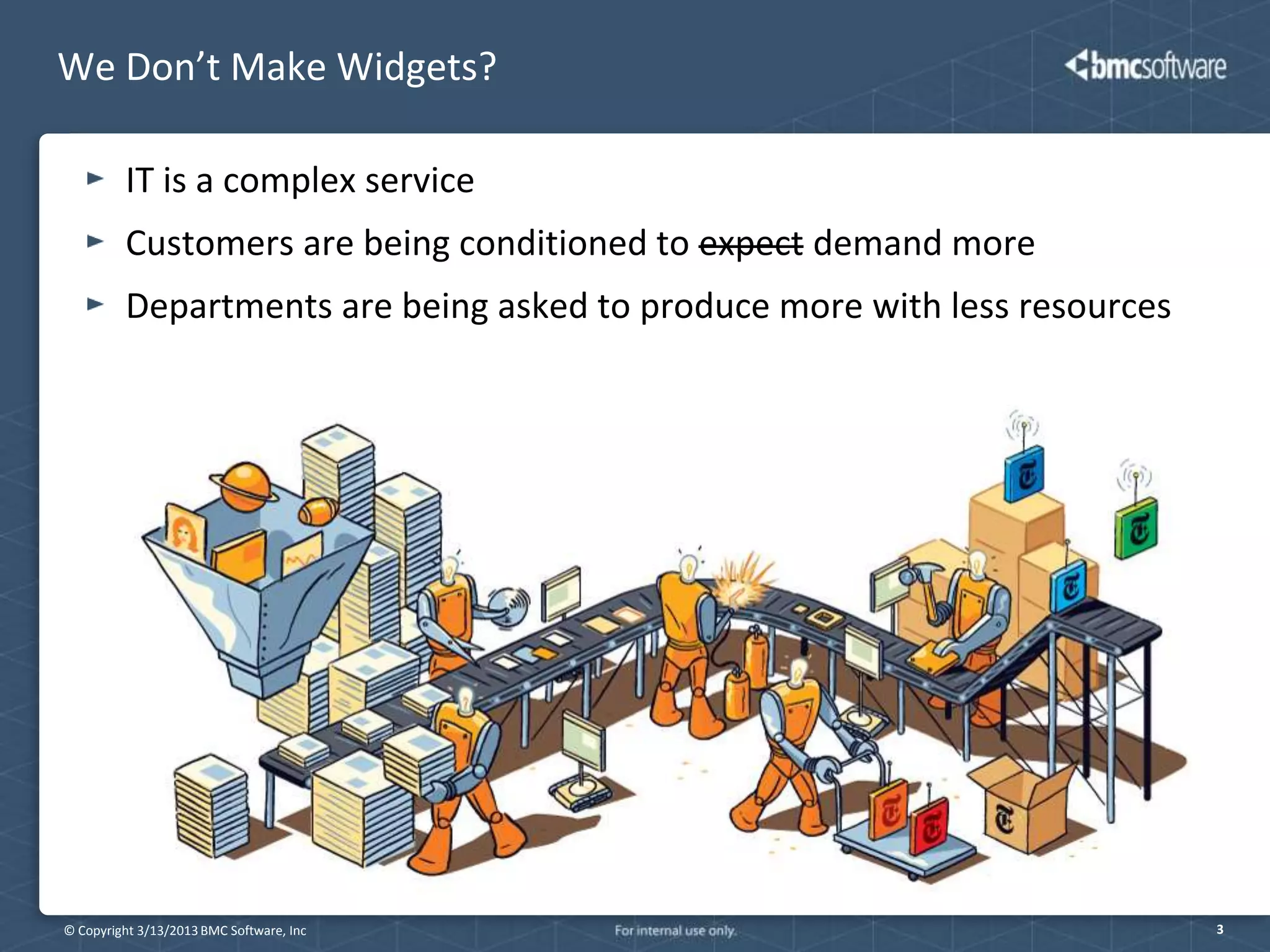 We Don’t Make Widgets?

         IT is a complex service
         Customers are being conditioned to expect demand more
         Departments are being asked to produce more with less resources




© Copyright 3/13/2013 BMC Software, Inc                                    3
 