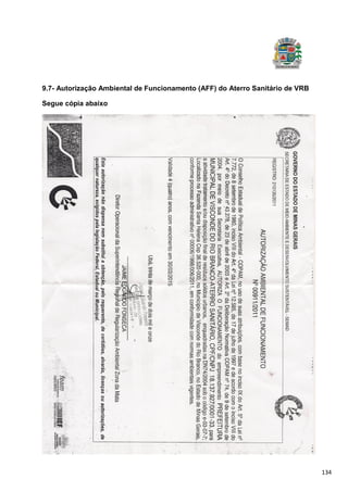 134
9.7- Autorização Ambiental de Funcionamento (AFF) do Aterro Sanitário de VRB
Segue cópia abaixo
 