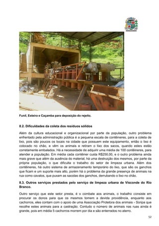 52
Funil, Esteira e Caçamba para deposição do rejeito.
8.2. Dificuldades da coleta dos resíduos sólidos
Além da cultura educacional e organizacional por parte da população, outro problema
enfrentado pela administração pública é a pequena escala de contêineres, para a coleta de
lixo, pois são poucos os locais na cidade que possuem este equipamento, então o lixo é
colocado no chão, e vêm os animais e retiram o lixo dos sacos, quando estes estão
corretamente embalados. Há a necessidade de adquirir uma média de 100 contêineres, para
atender a população. Em média cada contêiner custa R$250,00, e o outro problema ainda
mais grave que além da ausência do material, há uma destruição dos mesmos, por parte da
própria população, o que dificulta o trabalho do setor de limpeza urbana. Além dos
contêineres, há outro sistema de armazenamento temporário do lixo, que são os ganchos
que ficam e um suporte mais alto, porém há o problema da grande presença de animais na
rua como cavalos, que puxam as sacolas dos ganchos, derrubando o lixo no chão.
8.3. Outros serviços prestados pelo serviço de limpeza urbana de Visconde do Rio
Branco.
Outro serviço que este setor presta, é o combate aos animais, o trabalho consiste em
procurar os donos para que os mesmos tomem a devida providência, enquanto aos
cachorros, eles contam com o apoio de uma Associação Protetora dos animais - Soripa que
recolhe estes animais para a castração. Contudo o número de animais nas ruas ainda é
grande, pois em média 5 cachorros morrem por dia e são enterrados no aterro.
 