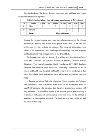 Barriers to Health and Other Services for Ex-Prisoners 2012
27 | P a g e
The distribution of the former inmates drug user who had been interviewed
can be seen in the following table:
Table 2. In-depth Interview with drug user- inmate in 7 Provinces
No. Gender N. Sum Jkt Banten W. Java Bali S. Sul E.Java
1. Male 1 2 2 1 1 2 3
2. Female - 1 - 1 1 - -
Total 15 participants
Besides the former inmates, interviews were also conducted on the relevant
stakeholders, namely, the prison head, prison clinic staff, NGO staff and
health care providers outside the prisons. The extracted information were
related to the implementation of coaching while in custody, and how programs
and health care services were provided to the drug addicts.
The interviews with former inmates drug addict were done in the office of
local NGO partners, the Galatea Foundation (Medan), Rumah Cemara
(Bandung), Two Hearts Foundation (Bali), Foundation (JKT), KDS Edelweis
(Banten), and Makassar Harm Reduction Community (Makassar). As for the
prisons and health care (hospitals and health centers) it was conducted at their
respective offices upon approval on their willingness, appropriate time and
place.
In Jakarta, we visited Salemba prison and Narcotics prison in Cipinang.
The selection of these two prisons were based on the information from the
local NGO partners, who explained that these two prisons have inmates with
drug addiction. The Coaching Section at the narcotic prison was unwilling to
be interviewed because of administrative issues that could not be fulfilled in
accordance with the prison standards. The interview was then conducted with
the clinic doctors only.
 