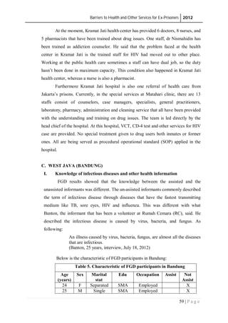 Barriers to Health and Other Services for Ex-Prisoners 2012
59 | P a g e
At the moment, Kramat Jati health center has provided 6 doctors, 8 nurses, and
5 pharmacists that have been trained about drug issues. One staff, dr Nismahidin has
been trained as addiction counselor. He said that the problem faced at the health
center in Kramat Jati is the trained staff for HIV had moved out to other place.
Working at the public health care sometimes a staff can have dual job, so the duty
hasn’t been done in maximum capacity. This condition also happened in Kramat Jati
health center, whereas a nurse is also a pharmacist.
Furthermore Kramat Jati hospital is also one referral of health care from
Jakarta’s prisons. Currently, in the special services at Matahari clinic, there are 13
staffs consist of counselors, case managers, specialists, general practitioners,
laboratory, pharmacy, administration and cleaning service that all have been provided
with the understanding and training on drug issues. The team is led directly by the
head chief of the hospital. At this hospital, VCT, CD-4 test and other services for HIV
case are provided. No special treatment given to drug users both inmates or former
ones. All are being served as procedural operational standard (SOP) applied in the
hospital.
C. WEST JAVA (BANDUNG)
I. Knowledge of infectious diseases and other health information
FGD results showed that the knowledge between the assisted and the
unassisted informants was different. The un-asiisted informants commonly described
the term of infectious disease through diseases that have the fastest transmitting
medium like TB, sore eyes, HIV and influenza. This was different with what
Banton, the informant that has been a volunteer at Rumah Cemara (RC), said. He
described the infectious disease is caused by virus, bacteria, and fungus. As
following:
An illness caused by virus, bacteria, fungus, are almost all the diseases
that are infectious.
(Banton, 25 years, interview, July 18, 2012)
Below is the characteristic of FGD participants in Bandung:
Table 5. Characteristic of FGD participants in Bandung
Age
(years)
Sex Marital
stat
Edu Occupation Assist Not
Assist
24 F Separated SMA Employed X
25 M Single SMA Employed X
 