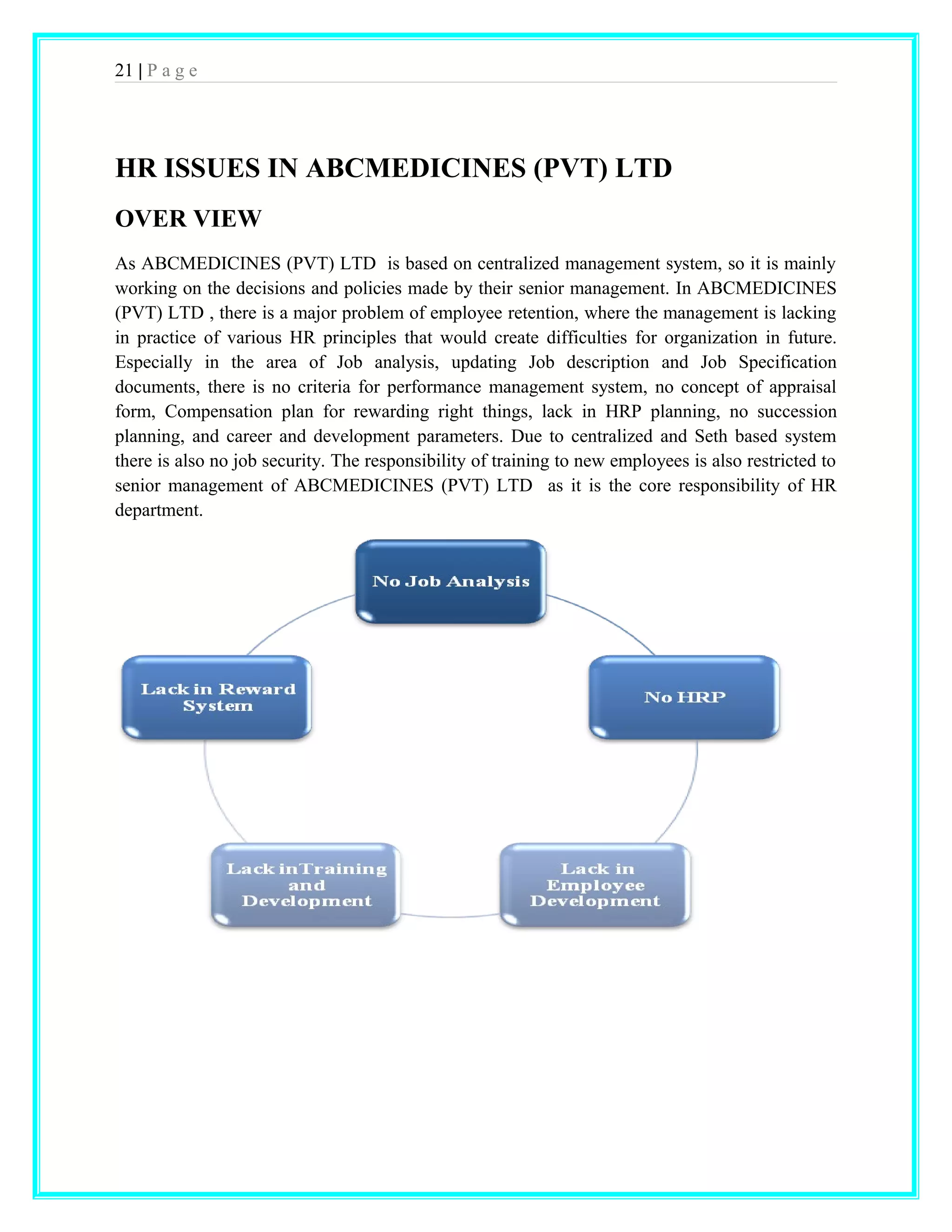 21 | P a g e 
HR ISSUES IN ABCMEDICINES (PVT) LTD 
OVER VIEW 
As ABCMEDICINES (PVT) LTD is based on centralized management system, so it is mainly 
working on the decisions and policies made by their senior management. In ABCMEDICINES 
(PVT) LTD , there is a major problem of employee retention, where the management is lacking 
in practice of various HR principles that would create difficulties for organization in future. 
Especially in the area of Job analysis, updating Job description and Job Specification 
documents, there is no criteria for performance management system, no concept of appraisal 
form, Compensation plan for rewarding right things, lack in HRP planning, no succession 
planning, and career and development parameters. Due to centralized and Seth based system 
there is also no job security. The responsibility of training to new employees is also restricted to 
senior management of ABCMEDICINES (PVT) LTD as it is the core responsibility of HR 
department. 
 