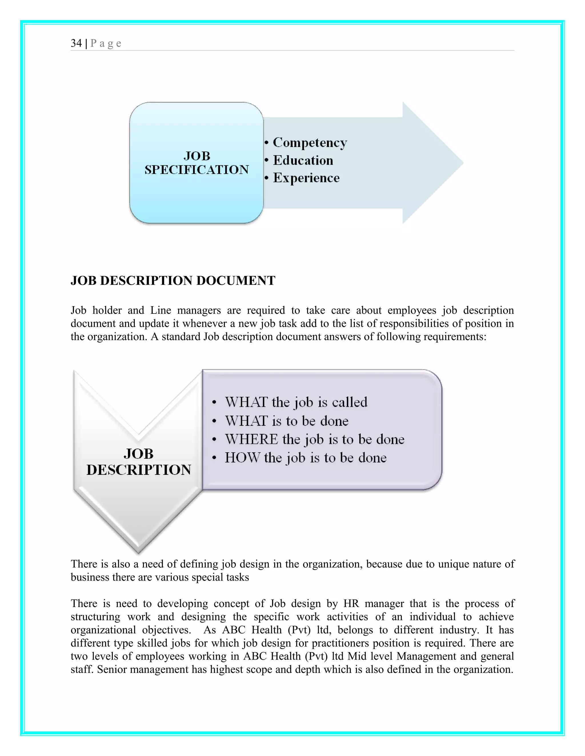 34 | P a g e 
JOB DESCRIPTION DOCUMENT 
Job holder and Line managers are required to take care about employees job description 
document and update it whenever a new job task add to the list of responsibilities of position in 
the organization. A standard Job description document answers of following requirements: 
There is also a need of defining job design in the organization, because due to unique nature of 
business there are various special tasks 
There is need to developing concept of Job design by HR manager that is the process of 
structuring work and designing the specific work activities of an individual to achieve 
organizational objectives. As ABC Health (Pvt) ltd, belongs to different industry. It has 
different type skilled jobs for which job design for practitioners position is required. There are 
two levels of employees working in ABC Health (Pvt) ltd Mid level Management and general 
staff. Senior management has highest scope and depth which is also defined in the organization. 
 