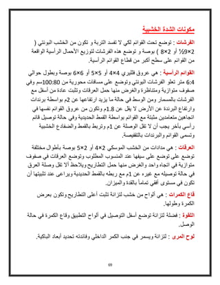 69
‫الخشبية‬ ‫الشدة‬ ‫مكونات‬
‫الفرشات‬:‫ا‬ ‫الخشب‬ ‫من‬ ‫تكون‬ ‫و‬ ‫التربة‬ ‫تفسد‬ ‫ال‬ ‫لكي‬ ‫القوائم‬ ‫تحت‬ ‫توضع‬( ‫لبونتي‬
3×9½‫أو‬3×8‫الواق‬ ‫الرأسية‬ ‫األحمال‬ ‫لتوزيع‬ ‫الفرشات‬ ‫هذه‬ ‫توضع‬ ‫و‬ ‫بوصة‬ )‫عة‬
.‫الرأسية‬ ‫القوائم‬ ‫قطاع‬ ‫من‬ ‫أكبر‬ ‫سطح‬ ‫على‬ ‫القوائم‬ ‫من‬
‫الرأسية‬ ‫القوائم‬‫عروق‬ ‫هي‬ :‫فلليري‬4×4‫أو‬5×5‫أو‬6×6‫حوالي‬ ‫وبطول‬ ‫بوصة‬
6:4‫من‬ ‫محورية‬ ‫مسافات‬ ‫على‬ ‫وتوضع‬ ‫البونتي‬ ‫الفرشات‬ ‫تعلو‬ ‫متر‬400:80‫وفي‬ ‫سم‬
‫أسفل‬ ‫من‬ ‫عادة‬ ‫وتثبت‬ ‫العرقات‬ ‫حمل‬ ‫منها‬ ‫والغرض‬ ‫ومتناظرة‬ ‫متوازية‬ ‫صفوف‬‫مع‬
‫عن‬ ‫ارتفاعها‬ ‫يزيد‬ ‫ما‬ ‫حالة‬ ‫في‬ ‫الوسط‬ ‫ومن‬ ‫بالمسمار‬ ‫الفرشات‬3‫برندات‬ ‫بواسطة‬ ‫م‬
‫وارتف‬‫عن‬ ‫يقل‬ ‫ال‬ ‫األرض‬ ‫عن‬ ‫البرندة‬ ‫اع‬4.8‫في‬ ‫نفسها‬ ‫القوائم‬ ‫عروق‬ ‫من‬ ‫وتكون‬ ‫م‬
‫تو‬ ‫حالة‬ ‫وفي‬ ‫الحديدية‬ ‫القمط‬ ‫بواسطة‬ ‫القوائم‬ ‫مع‬ ‫مثبتة‬ ‫متعامدين‬ ‫اتجاهين‬‫قائم‬ ‫صيل‬
‫عن‬ ‫الوصلة‬ ‫تقل‬ ‫ال‬ ‫أن‬ ‫يجب‬ ‫بأخر‬ ‫رأسي‬4‫الخشبية‬ ‫والضفادع‬ ‫بالقمط‬ ‫وتربط‬ ‫م‬
.‫بالتقفيصة‬ ‫والبرندات‬ ‫القوائم‬ ‫وتسمى‬
‫العرقات‬‫هي‬ :‫الموسكي‬ ‫الخشب‬ ‫من‬ ‫مدادات‬3×4‫أو‬3×5‫مختلفة‬ ‫بأطوال‬ ‫بوصة‬
‫ف‬ ‫العرقات‬ ‫وتوضع‬ ‫المطلوب‬ ‫المنسوب‬ ‫عند‬ ‫سيفها‬ ‫على‬ ‫توضع‬ ‫على‬ ‫توضع‬‫صفوف‬ ‫ي‬
‫ا‬ ‫وصلة‬ ‫تقل‬ ‫أال‬ ‫ويالحظ‬ ‫التطاريح‬ ‫حمل‬ ‫منها‬ ‫والغرض‬ ‫واحد‬ ‫اتجاه‬ ‫في‬ ‫متوازية‬‫لعرق‬
‫عن‬ ‫غيره‬ ‫مع‬ ‫توصيله‬ ‫حالة‬ ‫في‬4‫عن‬ ‫ويراعى‬ ‫الحديدية‬ ‫بالقمط‬ ‫ربطه‬ ‫مع‬ ‫م‬‫تثبيت‬ ‫د‬‫أن‬ ‫ها‬
.‫والميزان‬ ‫بالقدة‬ ً‫ا‬‫تمام‬ ‫أفقي‬ ‫مستوى‬ ‫في‬ ‫تكون‬
‫الكمرات‬ ‫قاع‬‫بعر‬ ‫وتكون‬ ‫التطاريح‬ ‫أعلى‬ ‫تثبت‬ ‫لتزانة‬ ‫خشب‬ ‫من‬ ‫ألواح‬ ‫هي‬ :‫ض‬
.‫وطولها‬ ‫الكمرة‬
‫اللقوة‬‫ا‬ ‫وقاع‬ ‫التطبيق‬ ‫ألواح‬ ‫في‬ ‫التوصيل‬ ‫أسفل‬ ‫توضع‬ ‫لتزانة‬ ‫فضلة‬ :‫حالة‬ ‫في‬ ‫لكمرة‬
.‫الوصل‬
‫المرى‬ ‫لوح‬‫الك‬ ‫جنب‬ ‫في‬ ‫ويسمر‬ ‫لتزانة‬ :‫ال‬ ‫أبعاد‬ ‫تحديد‬ ‫وفائدته‬ ‫الداخلي‬ ‫مر‬.‫باكية‬
 