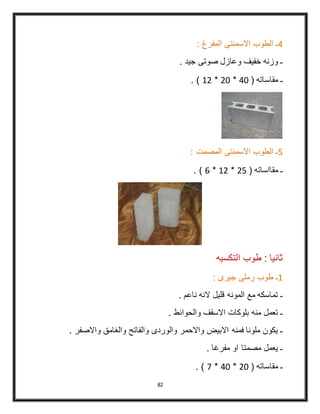 82
4: ‫المفرغ‬ ‫االسمنتى‬ ‫الطوب‬ ‫ـ‬
. ‫جيد‬ ‫صوتى‬ ‫وعازل‬ ‫خفيف‬ ‫وزنه‬ ‫ـ‬
( ‫مقاساته‬ ‫ـ‬40*30*43. )
5: ‫المصمت‬ ‫االسمنتى‬ ‫الطوب‬ ‫ـ‬
‫مقاا‬ ‫ـ‬( ‫ساته‬35*43*6. )
‫التكسيه‬ ‫طوب‬ : ‫ثانيا‬
4: ‫جيرى‬ ‫رملى‬ ‫طوب‬ ‫ـ‬
. ‫ناعم‬ ‫النه‬ ‫قليل‬ ‫المونه‬ ‫مع‬ ‫تماسكه‬ ‫ـ‬
. ‫والحوائط‬ ‫االسقف‬ ‫بلوكات‬ ‫منه‬ ‫تعمل‬ ‫ـ‬
. ‫واالصفر‬ ‫والغامق‬ ‫والفاتح‬ ‫والوردى‬ ‫واالحمر‬ ‫االبيض‬ ‫فمنه‬ ‫ملونا‬ ‫يكون‬ ‫ـ‬
. ‫مفرغا‬ ‫او‬ ‫مصمتا‬ ‫يعمل‬ ‫ـ‬
( ‫مقاساته‬ ‫ـ‬30*40*4. )
 
