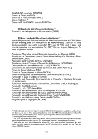 (


BANCOUNO, nunmehr CITIBANK
Banco de Finanzas (BDF)
Banco de la Producción (BANPRO)
Banco ProCredit12
Banco del Exito (BANEX, vormals FINDESA)


     B) Regulierte Mikrofinanzinstitutionen:13
Fundación para el apoyo de la Microempresa (FAMA)


       C) Nicht regulierte Mikrofinanzinstitutionen:14
a) Alle Mitglieder des Dachverbandes der Mikrofinanzinstitution ASOMIF (Aso-
ciación Nicaragüense de Instituciónes de Microfinanzas). ASOMIF ist eine
Dachorganisation von nicht regulierten MFI aus 18 NRO und 1 Spar- und
Kreditkooperative und verzeichnete 341.37015 Kunden in ganz Nikaragua. Zu
ihren Mitgliedern zählen:

Asociación Alternativa para el Desarrollo Integral de las Mujeres (ADIM)
Asociación de Consultores para el Desarrollo de la Pequeña, Mediana y Micro
Empresa (ACODEP)
Asociación del Desarrollo de Rivas (ASODERI)
Asociación para el Fomento al Desarrollo de Nicaragua (AFODENIC)
Centro de Promoción del Desarrollo Local (CEPRODEL)
Cooperativa de Servicios Multiples 20 de Abril. R.L (20 de Abril R.L.)
Fondo de Desarrollo Local (FDL)
Fondo de Desarrollo para la Mujer (FODEM)
Fondo Nicaragüense para el Desarrollo Comunitario (PRESTANIC)
Fundación 4i-2000 (Fundación 4i-2000)
Fundación del Desarrollo Empresarial de la Pequeña y Mediana Empresa
(FUNDEPYME)
Fundación Internacional para la Asistencia Comunitaria (FINCA Nicaragua)
Fundación José Nieborowski
Fundación León 2000 (León 2000)
Fundación para el Desarrollo de la Microempresa (FUDEMI)
Fundación para el Desarrollo de Nueva Segovia (FUNDENUSE)
Fundación para el Desarrollo Socioeconómico Rural (FUNDESER)
Fundación para la Promoción y Desarrollo (PRODESA)
Programa para la Mujer (PROMUJER)




12
   ProCredit wird in weiterer Folge mit anderen Mikrofinanzinstitutionen verglichen und weniger
mit Banken, da sie in ihrer Geschäftsgebarung eher den Mikrofinanzinstitutionen entspricht.
Wiewohl Bank, erscheint ProCredit als eine quasi regulierte Mikrofinanzinstitution.
13
   Unterliegen der Bankenaufsicht.
14
   Alle nicht regulierten MFI in Nikaragua sind NRO (als Vereine oder Stiftungen konzipiert) so
sie nicht Genossenschaften sind (es gibt eine eigene Judikatur für Genossenschaften).
15
   Nicht alle der rund 90 in Nikaragua tätigen MFI sind unter ASOMIF organisiert. Es wird
daher vermutet, dass die landesweite Anzahl an MFI-Kunden höher ausfällt, als die Zahl der
reinen ASOMIF-Kunden.


                                              18
 
