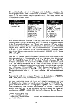 (




Die meisten Kredite werden in Nikaragua durch Institutionen vergeben, die
Solidargruppenkredite und Einzelkredite kombinieren, wobei Einzelkredite
meist für die «graduierten» langjährigen Kunden zur Verfügung stehen, die
höhere Kreditsummen leihen.

      Dorfbank                                                      Gruppen- und
                                      Einzelkredit
 (Großgruppenbank)                                                   Einzelkredit
FINCA – NIC                     ACODEP, ADIM,                   Cáritas Estelí, FAMA,
ProMujer – NIC                  AFODENIC,                       FDL, FODEM,
                                CEPRODEL, Coop.                 FUDEMI, Fundación
                                20 de Abril, Coop.              4i-2000, Fundación
                                Avances, FJ                     León 2000,
                                Nieborowski,                    FUNDENUSE,
                                PRESTANIC,                      FUNDEPYME,
                                PRODESA                         FUNDESER

FINCA ist die führende Institution für die Dorf- oder Großgruppenmethode bei
den städtischen Kleinstunternehmern. ACODEP führt die nicht regulierten MFI
in der Einzelkreditmethode an und FDL die nicht regulierten MFI, die beides,
sowohl Einzel- als auch Gruppenkredite anbieten. Zahlen aus dem Jahr 2005
zeigen, dass Darlehen die mit der Einzelkreditmethode (durchschnittlich
USD 761; ca. 96,4% des BNP pro Kopf) vergeben wurden bedeutend höher
sind als bei Solidargruppenkrediten (durchschnittlich USD 503; ca. 63,7% des
BNP pro Kopf)22.

Drei der fünf größten Finanzinstitutionen (regulierte und nicht regulierte) im
Mikrokreditbereich in Zentralamerika sind aus Nikaragua. Die Reihenfolge
ist23: ProCredit-El Salvador (66.617 Kredite), ProCredit-Nikaragua (58.117),
Génesis Empresarial von Guatemala (55.184), Fondo de Desarrollo Local
(FDL) von Nikaragua (50.969) und ACODEP von Nikaragua (45.582). Einige
der größten nicht regulierten Mikrofinanzinstitutionen Zentralamerikas befinden
sich in Nikaragua (FDL, ACODEP und FINCA). Das durchschnittliche Kredit-
portfolio von zentralamerikanischen MFI betrug 2007 USD 5,8 Millionen: ein
Betrag der von ProCredit, FDL, ACODEP und FAMA bei weitem übertroffen
wird24.

Nachfolgend wird eine genauere Analyse von 6 Institutionen (ACODEP,
FAMA, FDL, FINCA, ProCredit und ProMujer) vorgenommen:

Als neu geschaffene Bank mit Fokus auf MKMB-Finanzierung finanziert
ProCredit Kredite mit dem höchsten Durchschnittsbetrag von USD 1.289. Auf-
grund ihrer unterschiedlichen Kundengruppen vergibt die auf die Finanzierung
von Landwirtschaft und Viehzucht spezialisierte FDL höhere Durchschnitts-
kredite (USD 740) als die auf städtische Betriebe (Handel und Gewerbe)
spezialisierte ACODEP mit USD 446. Die Dorfkreditbanken (Bancos Commu-
22
   Quelle: MIX/REDCAMIF, 2007.
23
   Quelle: MIX/REDCAMIF, 2007.
24
   Siehe Kapitel 4. Annexe, Anlage 4.2.1., Tabelle 5: «MFI in Nikaragua Gesamtkreditvolumen
und Portfolio at Risk».


                                            21
 