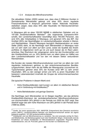 (




          1.2.4.   Analyse des Mikrofinanzmarktes

Die aktuellsten Zahlen (2005) weisen aus, dass etwa 6 Millionen Kunden in
Zentralamerika Mikrokredite geborgt und etwa 65% davon regulierte
Finanzinstitutionen in Anspruch genommen haben. Nationale Haushalts-
statistiken zeigen, dass etwa 45% aller Haushalte mit Kleinstunternehmen
verbunden sind.

In Nikaragua gibt es etwa 159.000 MKMB in städtischen Gebieten und ca.
197.000 landwirtschaftliche Betriebe54 (die sogenannte Campesino-Wirt-
schaft). Der Landwirtschaftssektor beschäftigt etwa 740.000 Personen, das
sind 43% aller Arbeitsplätze in Nikaragua, und generiert 33% des BIP. Der
Großteil (56%) der Beschäftigten im Landwirtschaftssektor arbeitet in Kleinst-
und Kleinbetrieben. Obwohl Nikaragua bezüglich Marktpenetration an erster
Stelle (2005) steht, ist die Nachfrage nach Mikrokrediten in Nikaragua nach
wie vor sehr stark (vor allem auf dem Land), wobei die Qualität des Kredit-
portfolios im Allgemeinen recht gut ist und auch besser als im Rest Latein-
amerikas. Das Wachstum der vergangenen Jahre bei den Kundenzahlen und
den Kreditportfolios von ca. 20% jährlich kam vor allem (etwa zur Hälfte) aus
dem Landwirtschaftssektor und von den mit diesem Sektor verbundenen
Kleinbetrieben.

Die Kunden der meisten Mikrofinanzinstitutionen (und hier vor allem der nicht
regulierten Institutionen) gehören zu den einkommensschwachen Bevölke-
rungsschichten, denen mehr als die Hälfte der Nikaraguaner zuzurechnen ist.
Typischerweise gehören etwa 30% der Kunden einer MFI zu sehr armen
Haushalten, 38% zu den weniger armen und 32% zu jenen Haushalten mit
besserem Lebensstandard innerhalb der Gruppe der einkommensschwachen
Haushalte.

Die typischen Probleme in diesem Markt sind:

     •   Hohe Kreditausfallsraten (seit kurzem vor allem im städtischen Bereich
         und in Verbindung mit Kreditkarten)55

     •   Hohe Betriebskosten und geringe Gewinne

Die Nachfrage nach Mikrokrediten ist im Steigen begriffen, wie das jährliche
Kreditportfolio-Wachstum der zentralamerikanischen Mikrofinanzinstitutionen
von durchschnittlich 34% jährlich in der Periode von 2005 bis 2007 zeigt. Das
übertraf sogar das sehr hohe Wachstum von 26% jährlich in der Periode davor
(1999 bis 2004).

54
   Quelle: 3er censo agropecuario 2001, MAGFOR. Entsprechend dem Directorio económico
urbano (MIFIC): Landwirtschaftliche Betriebe und Kleinbauernwirtschaft werden als eigene
Kategorie angeführt. 197.000 landwirtschaftliche Betriebe.
55
   Kreditkarten sind als Mikrofinanzierung zu verstehen. Sie sind einerseits wichtig für Klein-
und Mittelbetriebe, die Betriebsausgaben auch über Kreditkarten tätigen. Andererseits sind die
Kredithöhen auf diesen Kreditkarten im Mikrokreditbereich angesiedelt. Regulierte Mikro-
kreditinstitutionen, wie z.B. ProCredit, geben an ihre Kunden nur Debitkarten aus.


                                              45
 