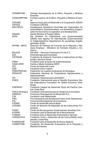(


CONIMIPYME        Consejo Nicaragüense de la Micro, Pequeña y Mediana
                  Empresa
CONSUMIPYME       Consejo superior de la Micro, Pequeña y Mediana Empre-
                  sa
COSUDE            Agencia Suiza para el Desarrollo y la Cooperación (DEZA)
CRYSOL            Fundación CRYSOL
DAC/OECD          Development Assistance Committee der Organisation für
                  wirtschaftliche Zusammenarbeit und Entwicklung (Organi-
                  sation for Economic Co-operation and Development)
DANIDA            Danish Ministry of Foreign Affairs
DEZA              Die Direktion für Entwicklung und Zusammenarbeit
                  (DEZA) eine Agentur für internationale Zusammenarbeit
                  im Eidgenössischen Departement für auswärtige Angele-
                  genheiten (EDA)
DPYME - MIFIC     Dirección de Políticas de Fomento de la Pequeña y Me-
                  diana Empresa – Ministerio de Fomento Industria y Co-
                  mercio
ENLACE            ENLACE – Servicios Financieros S.A de C.V.
EZA               Entwicklungszusammenarbeit
FAFIDESS          Fundación de Asesoría Financiera a Instituciónes de Des-
                  arrollo y Servicio Social
FAMA              Fundación para el apoyo de la Microempresa
FAMA OPDF         Familia y Medio Ambiente ODPF
FDL               Fondo de Desarrollo Local
FEM               Fundación entre mujeres
FEMUPROCAN        Federación de mujeres productoras de Nicaragua
FENACOP           Federación Nacional de Cooperativas Agropecuarias y
                  Agroindustriales
FIA               Fundación Interamericana (ACODEP)
FIDEG             Fundación Internacional para el Desafío Económico Glo-
                  bal (International Foundation for Global Economic Chal-
                  lenge)
FIDERPAC          Fundación Integral de Desarrollo Rural del Pacífico Cen-
                  tral, Costa Rica
FINCA Nicaragua   Fundación Internacional para la Asistencia Comunitaria
FINDESA           Financiera Nicaraguense de Desarrollo S.A.
FJN               Fundación José Nieborowski
FMO               The entrepreneurial development bank of the Netherlands
FNI               Financiera Nicaragüense de Inversiones
FODEM             Fondo de Desarrollo para la Mujer
FOGADE            Fondo de Garantía de Depósitos de las Instituciónes Fin-
                  ancieras
FOMIC             Fondo de Microproyectos Costarricenses Sociedad Civil
FUDEMI            Fundación para el Desarrollo de la Microempresa
FUNDEA            Fundación para el Desarrollo Empresarial y Agrícola
FUNDECOCA         Fundación Unión y Desarrollo de las Comunidades Cam-
                  pesinas, Costa Rica
FUNDENUSE         Fundación para el Desarrollo de Nueva Segovia
FUNDEPYME         Fundación del Desarrollo Empresarial de la Pequeña y
                  Mediana Empresa.


                                   6
 
