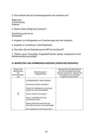 !




2. Wie schätzen Sie das Entwicklungsstadium der Institution ein?

Beginnend
In Entwicklung
Erfahren

3. Welche Ziele verfolgt Ihre Institution?

Erleichterung der Armut
Rentabilität

4. Angaben zur Verfügbarkeit von Finanzierungen bei Ihrer Institution

5. Angaben zu Verwaltung / Aufsichtsbehörde

6. Wie sehen Sie die Entwicklung Ihrer MFI für die Zukunft?

7. Welche neuen finanziellen Angebote/Produkte werden entsprechend Ihrer
Markteinschätzung benötigt?


III. MARKETING UND KOMMERZIALISIERUNG (VISION DES BEDARFS)

  Niveau des                                               Charakteristik des Marketings &
 Marketings &                                               der Kommerzialisierung eines
                             Befürchtungen &
      der                                                 üblichen Programms. Machen Sie
                             Fragestellungen
Kommerzialisier-                                            Vorschläge für die wichtigsten
     ung                                                       Programmkomponenten:

                   ZUFRIEDENHEIT DER KUNDEN

                   Sind meine Kunden zufrieden?

                   Werde ich rentabel sein und woraus
                   ergibt sich meine Rentabilität?

      1            Warum verliere ich Kunden?

                   Warum vergrößert sich mein
                   Kundenkreis nicht?

                   Welche Wachstumsrate hat mein
                   Geschäft und wovon ist sie abhängig?

                   Wie verhält sich meine Konkurrenz?




                                           97
 