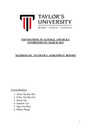 1
FOUNDATIONS IN NATURAL AND BUILT
ENVIRONMENTS MARCH 2015
MATHEMATIC STATISTICS ASSIGNMENT REPORT
Group Members
1. Alwin Ng Kun Ket
2. Chloe Teh Shu-Ern
3. David Tan
4. Jeannete Lee
5. Ong Von Wan
6. Phares Phung
 