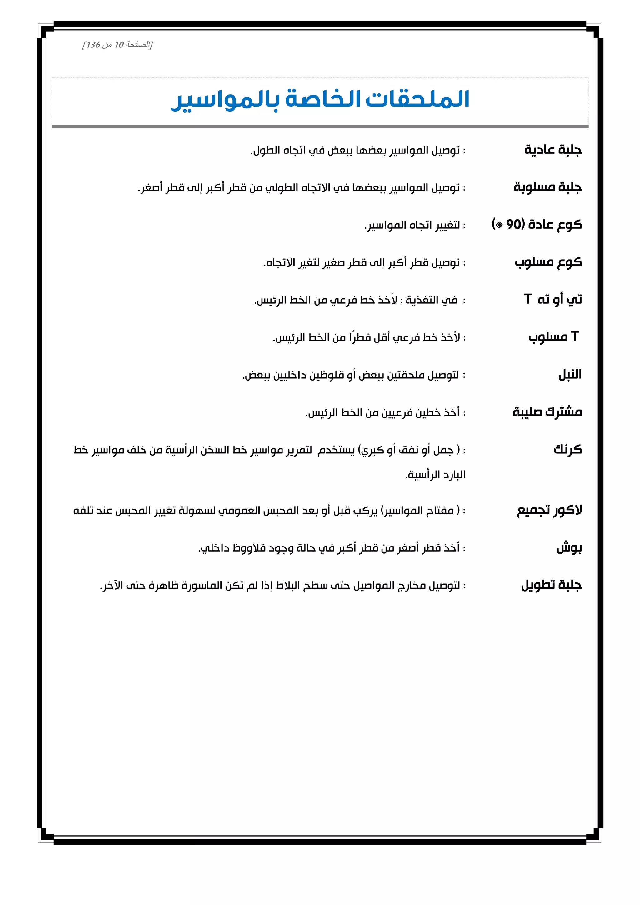 [‫الصفحة‬00‫من‬031]
‫بالمواسير‬ ‫الخاصة‬ ‫الملحقات‬
‫عادية‬ ‫جلبة‬.‫الطول‬ ‫اتجاه‬ ‫في‬ ‫ببعض‬ ‫بعضها‬ ‫المواسير‬ ‫توصيل‬ :
‫مسلوبة‬ ‫جلبة‬.‫أصغر‬ ‫قطر‬ ‫إلى‬ ‫أكبر‬ ‫قطر‬ ‫من‬ ‫الطولي‬ ‫االتجاه‬ ‫في‬ ‫ببعضها‬ ‫المواسير‬ ‫توصيل‬ :
( ‫عادة‬ ‫كوع‬00°).‫المواسير‬ ‫اتجاه‬ ‫لتغيير‬ :
‫مسلوب‬ ‫كوع‬‫االت‬ ‫لتغير‬ ‫صغير‬ ‫قطر‬ ‫إلى‬ ‫أكبر‬ ‫قطر‬ ‫توصيل‬ :.‫جاه‬
‫ته‬ ‫أو‬ ‫تي‬T.‫الرئيس‬ ‫الخط‬ ‫من‬ ‫فرعي‬ ‫خط‬ ‫ألخذ‬ : ‫التغذية‬ ‫في‬ :
T‫مسلوب‬.‫الرئيس‬ ‫الخط‬ ‫من‬ ‫ًا‬‫ر‬‫قط‬ ‫أقل‬ ‫فرعي‬ ‫خط‬ ‫ألخذ‬ :
‫النبل‬:.‫ببعض‬ ‫داخليين‬ ‫قلوظين‬ ‫أو‬ ‫ببعض‬ ‫ملحقتين‬ ‫لتوصيل‬
‫صليبة‬ ‫مشترك‬.‫الرئيس‬ ‫الخط‬ ‫من‬ ‫فرعيين‬ ‫خطين‬ ‫أخذ‬ :
‫كرنك‬‫يستخدم‬ )‫كبري‬ ‫أو‬ ‫نفق‬ ‫أو‬ ‫جمل‬ ( :‫خط‬ ‫مواسير‬ ‫خلف‬ ‫من‬ ‫الرأسية‬ ‫السخن‬ ‫خط‬ ‫مواسير‬ ‫لتمرير‬
.‫الرأسية‬ ‫البارد‬
‫تجميع‬ ‫الكور‬‫تلفه‬ ‫عند‬ ‫المحبس‬ ‫تغيير‬ ‫لسهولة‬ ‫العمومي‬ ‫المحبس‬ ‫بعد‬ ‫أو‬ ‫قبل‬ ‫يركب‬ )‫المواسير‬ ‫مفتاح‬ ( :
‫بوش‬.‫داخلي‬ ‫قالووظ‬ ‫وجود‬ ‫حالة‬ ‫في‬ ‫أكبر‬ ‫قطر‬ ‫من‬ ‫أصغر‬ ‫قطر‬ ‫أخذ‬ :
‫تطويل‬ ‫جلبة‬‫المواصيل‬ ‫مخارج‬ ‫لتوصيل‬ :.‫اآلخر‬ ‫حتى‬ ‫ظاهرة‬ ‫الماسورة‬ ‫تكن‬ ‫لم‬ ‫إذا‬ ‫البالط‬ ‫سطح‬ ‫حتى‬
 