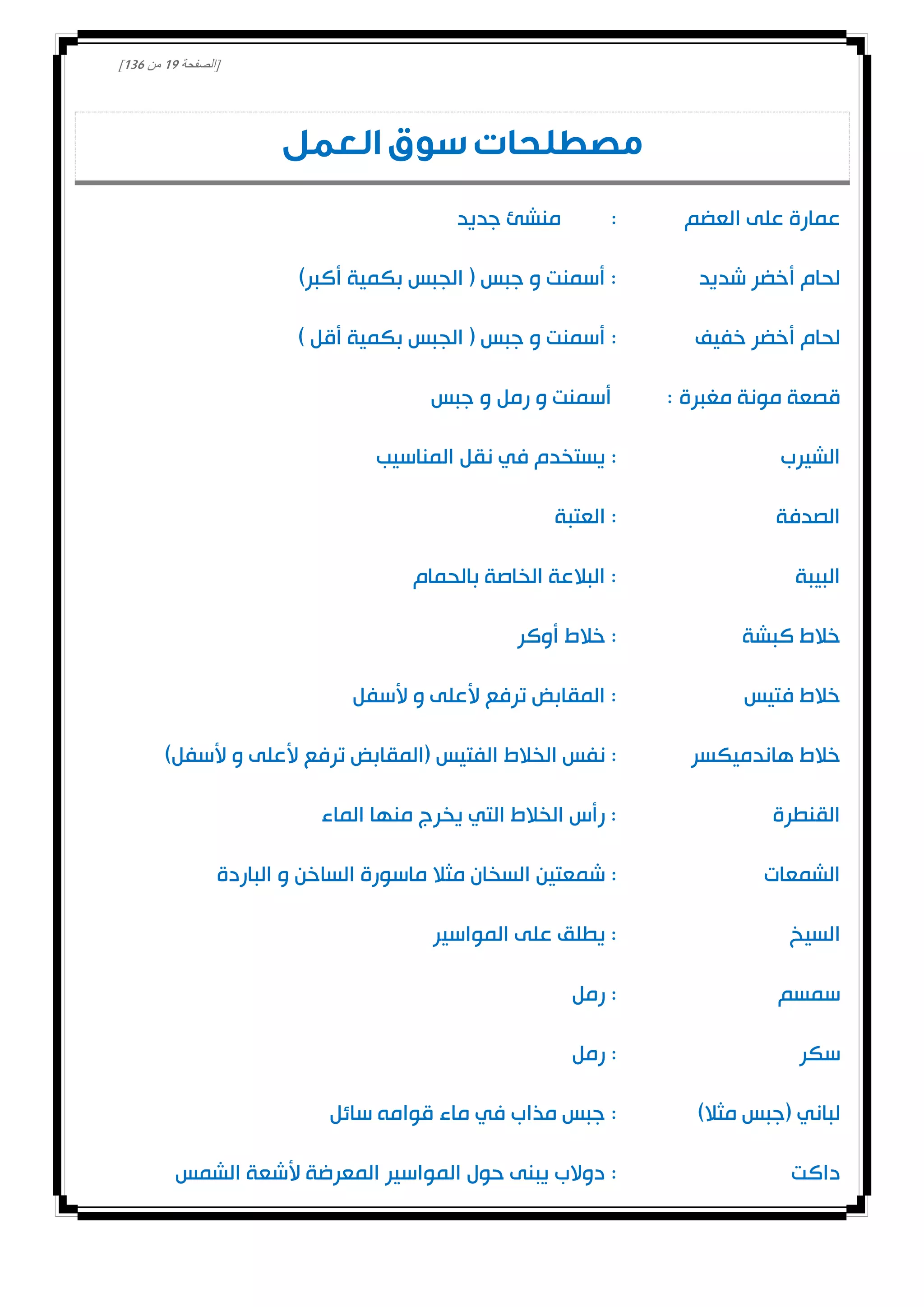 [‫الصفحة‬00‫من‬031]
‫العمل‬ ‫سوق‬ ‫مصطلحات‬
‫العضم‬ ‫على‬ ‫عمارة‬:‫جديد‬ ‫منشئ‬
‫شديد‬ ‫أخضر‬ ‫لحام‬)‫أكبر‬ ‫بكمية‬ ‫الجبس‬ ( ‫جبس‬ ‫و‬ ‫أسمنت‬ :
‫خفيف‬ ‫أخضر‬ ‫لحام‬:) ‫أقل‬ ‫بكمية‬ ‫الجبس‬ ( ‫جبس‬ ‫و‬ ‫أسمنت‬
‫مغبرة‬ ‫مونة‬ ‫قصعة‬:‫جبس‬ ‫و‬ ‫رمل‬ ‫و‬ ‫أسمنت‬
‫الشيرب‬:‫المناسيب‬ ‫نقل‬ ‫في‬ ‫يستخدم‬
‫الصدفة‬:‫العتبة‬
‫البيبة‬‫بالحمام‬ ‫الخاصة‬ ‫البالعة‬ :
‫كبشة‬ ‫خالط‬‫أوكر‬ ‫خالط‬ :
‫فتيس‬ ‫خالط‬‫ألسفل‬ ‫و‬ ‫ألعلى‬ ‫ترفع‬ ‫المقابض‬ :
‫هاندميكسر‬ ‫خالط‬‫الفت‬ ‫الخالط‬ ‫نفس‬ :)‫ألسفل‬ ‫و‬ ‫ألعلى‬ ‫ترفع‬ ‫(المقابض‬ ‫يس‬
‫القنطرة‬‫الماء‬ ‫منها‬ ‫يخرج‬ ‫التي‬ ‫الخالط‬ ‫رأس‬ :
‫الشمعات‬:‫الباردة‬ ‫و‬ ‫الساخن‬ ‫ماسورة‬ ‫مثال‬ ‫السخان‬ ‫شمعتين‬
‫السيخ‬‫المواسير‬ ‫على‬ ‫يطلق‬ :
‫سمسم‬‫رمل‬ :
‫سكر‬‫رمل‬ :
)‫مثال‬ ‫(جبس‬ ‫لباني‬:‫سائل‬ ‫قوامه‬ ‫ماء‬ ‫في‬ ‫مذاب‬ ‫جبس‬
‫داكت‬:‫الشمس‬ ‫ألشعة‬ ‫المعرضة‬ ‫المواسير‬ ‫حول‬ ‫يبنى‬ ‫دوالب‬
 