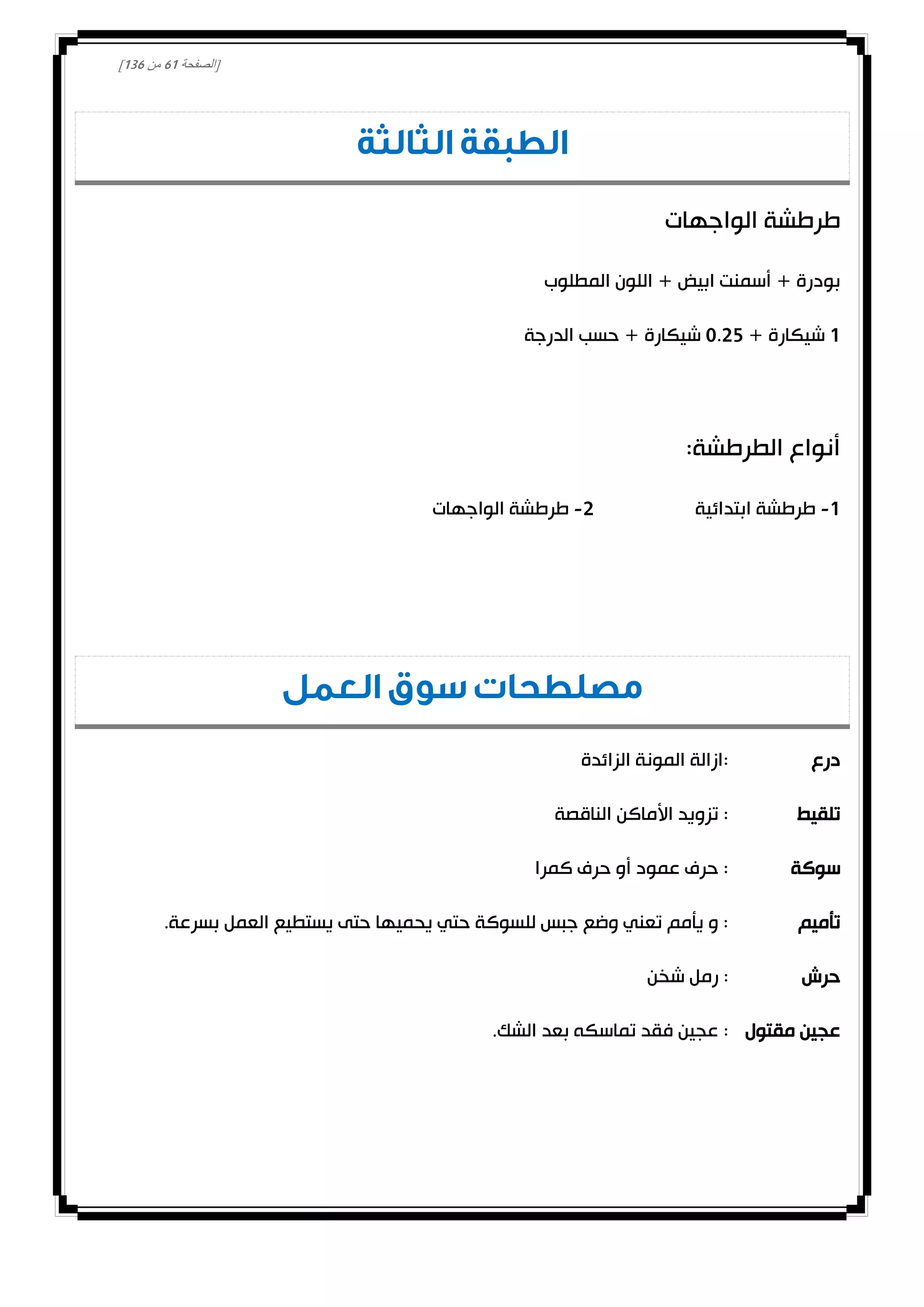 [‫الصفحة‬10‫من‬031]
‫الثالثة‬ ‫الطبقة‬
‫الواجهات‬ ‫طرطشة‬
‫المطلوب‬ ‫اللون‬ + ‫ابيض‬ ‫أسمنت‬ + ‫بودرة‬
0+ ‫شيكارة‬0.02‫الدرجة‬ ‫حسب‬ + ‫شيكارة‬
:‫الطرطشة‬ ‫أنواع‬
0-‫ابتدائية‬ ‫طرطشة‬0-‫الواجهات‬ ‫طرطشة‬
‫العمل‬ ‫سوق‬ ‫مصلطحات‬
‫درع‬‫الزائدة‬ ‫المونة‬ ‫:ازالة‬
‫تلقيط‬‫الناقصة‬ ‫األماكن‬ ‫تزويد‬ :
‫سوكة‬‫كمرا‬ ‫حرف‬ ‫أو‬ ‫عمود‬ ‫حرف‬ :
‫تأميم‬.‫بسرعة‬ ‫العمل‬ ‫يستطيع‬ ‫حتى‬ ‫يحميها‬ ‫حتي‬ ‫للسوكة‬ ‫جبس‬ ‫وضع‬ ‫تعني‬ ‫يأمم‬ ‫و‬ :
‫حرش‬‫شخن‬ ‫رمل‬ :
‫مقتول‬ ‫عجين‬:.‫الشك‬ ‫بعد‬ ‫تماسكه‬ ‫فقد‬ ‫عجين‬
 