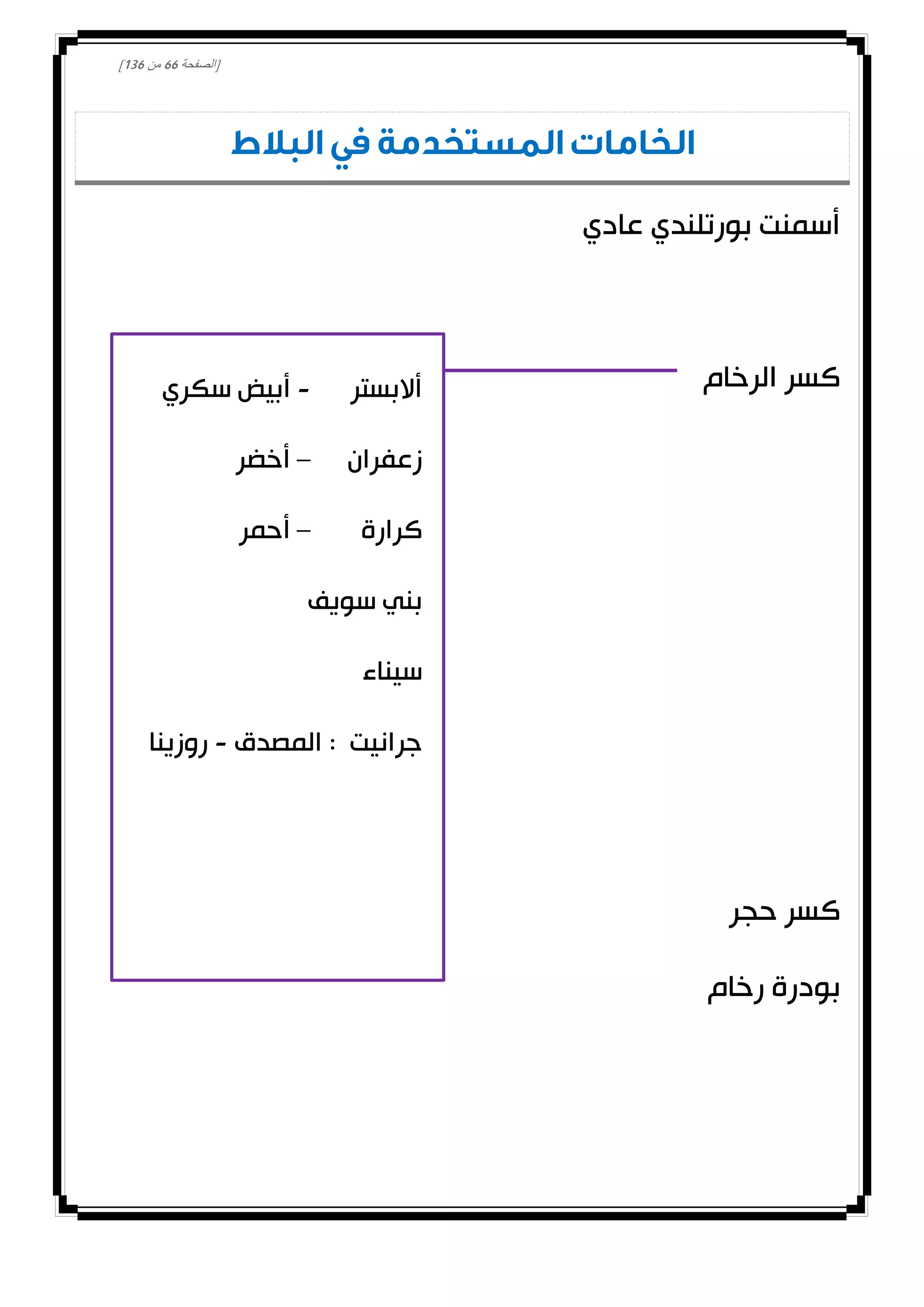 [‫الصفحة‬11‫من‬031]
‫البال‬ ‫في‬ ‫المستخدمة‬ ‫الخامات‬‫ط‬
‫عادي‬ ‫بورتلندي‬ ‫أسمنت‬
‫الرخام‬ ‫كسر‬
‫حجر‬ ‫كسر‬
‫رخام‬ ‫بودرة‬
‫أالبستر‬-‫سكري‬ ‫أبيض‬
‫زعفران‬–‫أخضر‬
‫كرارة‬–‫أحمر‬
‫سويف‬ ‫بني‬
‫سيناء‬
‫المصدق‬ : ‫جرانيت‬-‫روزينا‬
 