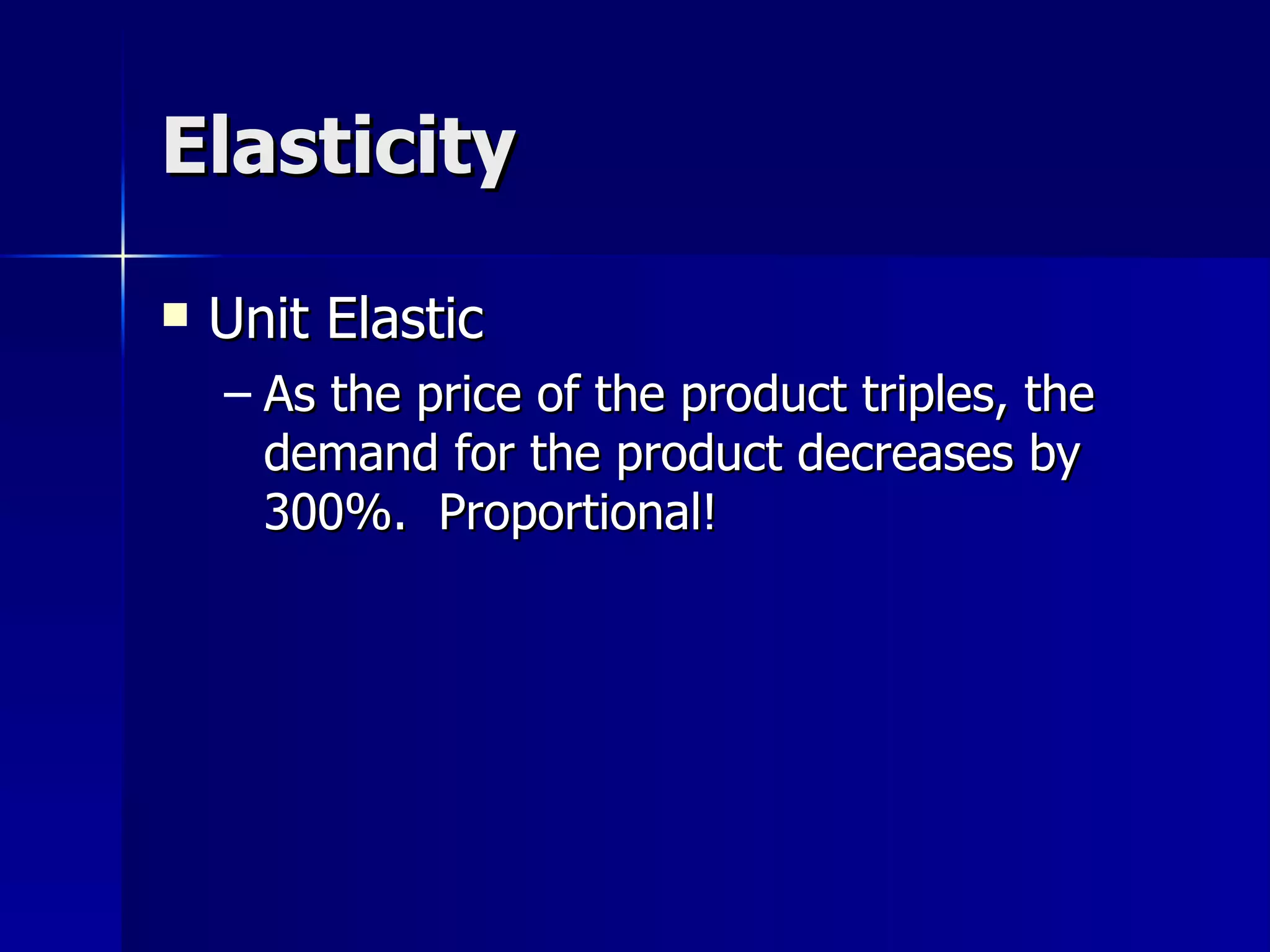 Elasticity Unit Elastic As the price of the product triples, the demand for the product decreases by 300%.  Proportional! 