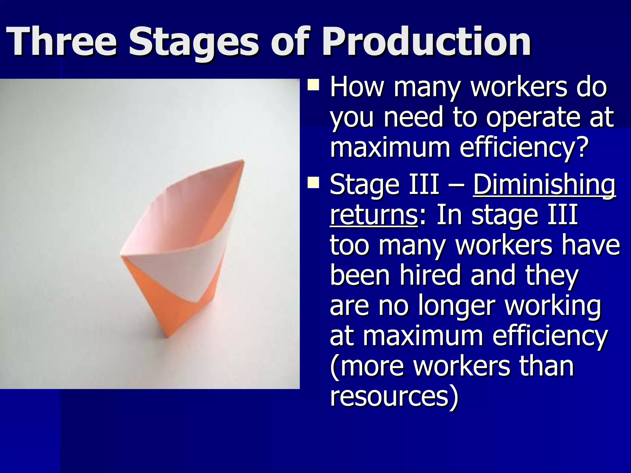 Three Stages of Production How many workers do you need to operate at maximum efficiency? Stage III –  Diminishing returns : In stage III too many workers have been hired and they are no longer working at maximum efficiency (more workers than resources) 