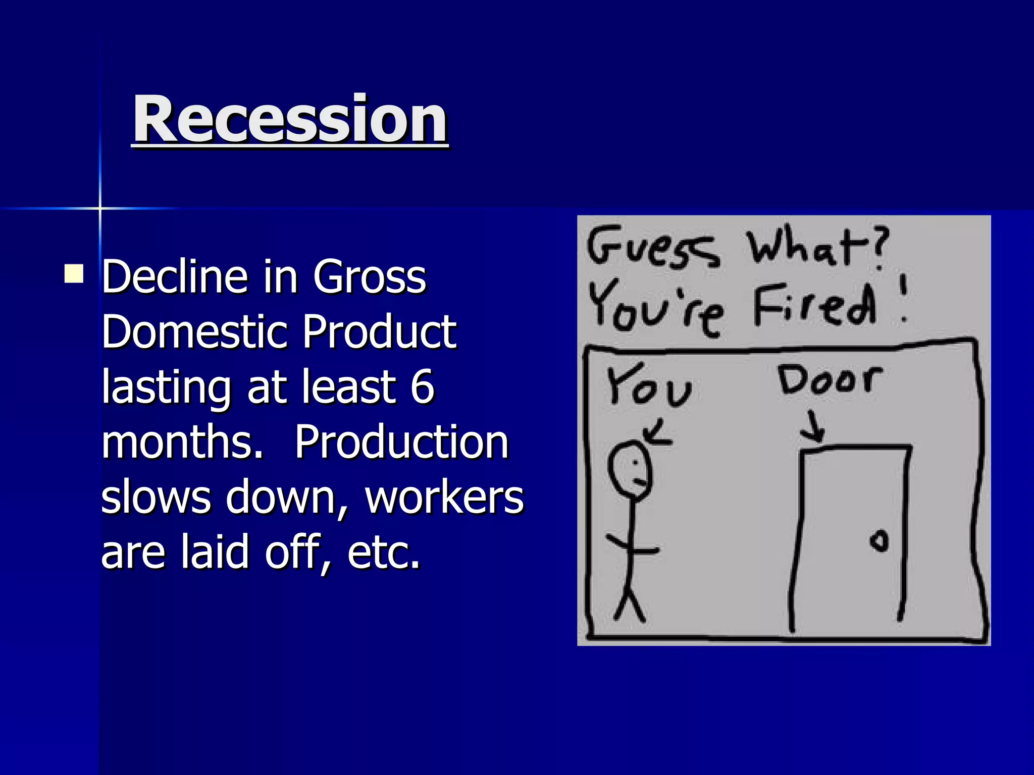 Recession Decline in Gross Domestic Product lasting at least 6 months.  Production slows down, workers are laid off, etc. 