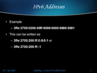 IPv6 Addresses Example 3ffe:3700:0200:00ff:0000:0000:0000:0001 This can be written as  3ffe:3700:200:ff:0:0:0:1  or 3ffe:3700:200:ff::1 