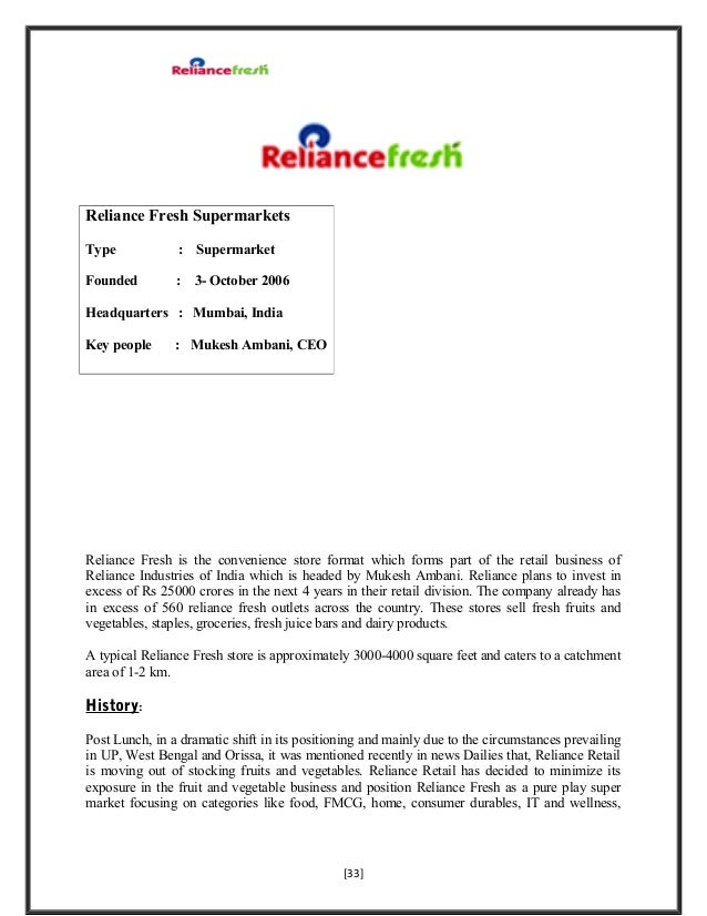 a study on reliance fresh a study on reliance fresh