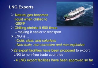 LNG Exports
5
 Natural gas becomes
liquid when chilled to
-260ºF
 Chilling shrinks it 600 times
– making it easier to transport
 LNG is…
-Cold, clear, and colorless
-Non-toxic, non-corrosive and non-explosive
22 export facilities have been proposed to export
LNG to non-free trade countries
- 4 LNG export facilities have been approved so far
 