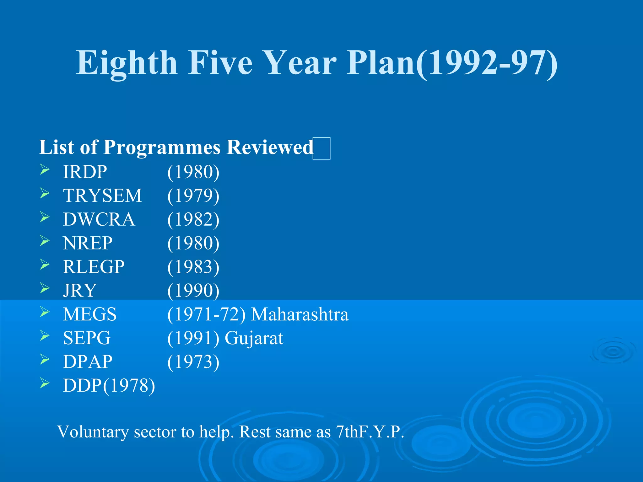 Eighth Five Year Plan(1992-97)

List of Programmes Reviewed           �
   IRDP           (1980)
   TRYSEM         (1979)
   DWCRA          (1982)
   NREP           (1980)
   RLEGP          (1983)
   JRY            (1990)
   MEGS           (1971-72) Maharashtra
   SEPG           (1991) Gujarat
   DPAP           (1973)
   DDP(1978)

    Voluntary sector to help. Rest same as 7thF.Y.P.
 