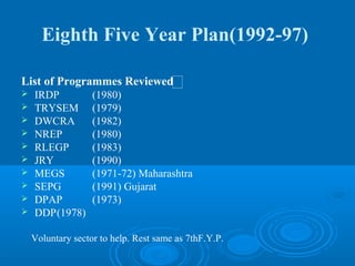 Eighth Five Year Plan(1992-97)

List of Programmes Reviewed           �
   IRDP           (1980)
   TRYSEM         (1979)
   DWCRA          (1982)
   NREP           (1980)
   RLEGP          (1983)
   JRY            (1990)
   MEGS           (1971-72) Maharashtra
   SEPG           (1991) Gujarat
   DPAP           (1973)
   DDP(1978)

    Voluntary sector to help. Rest same as 7thF.Y.P.
 
