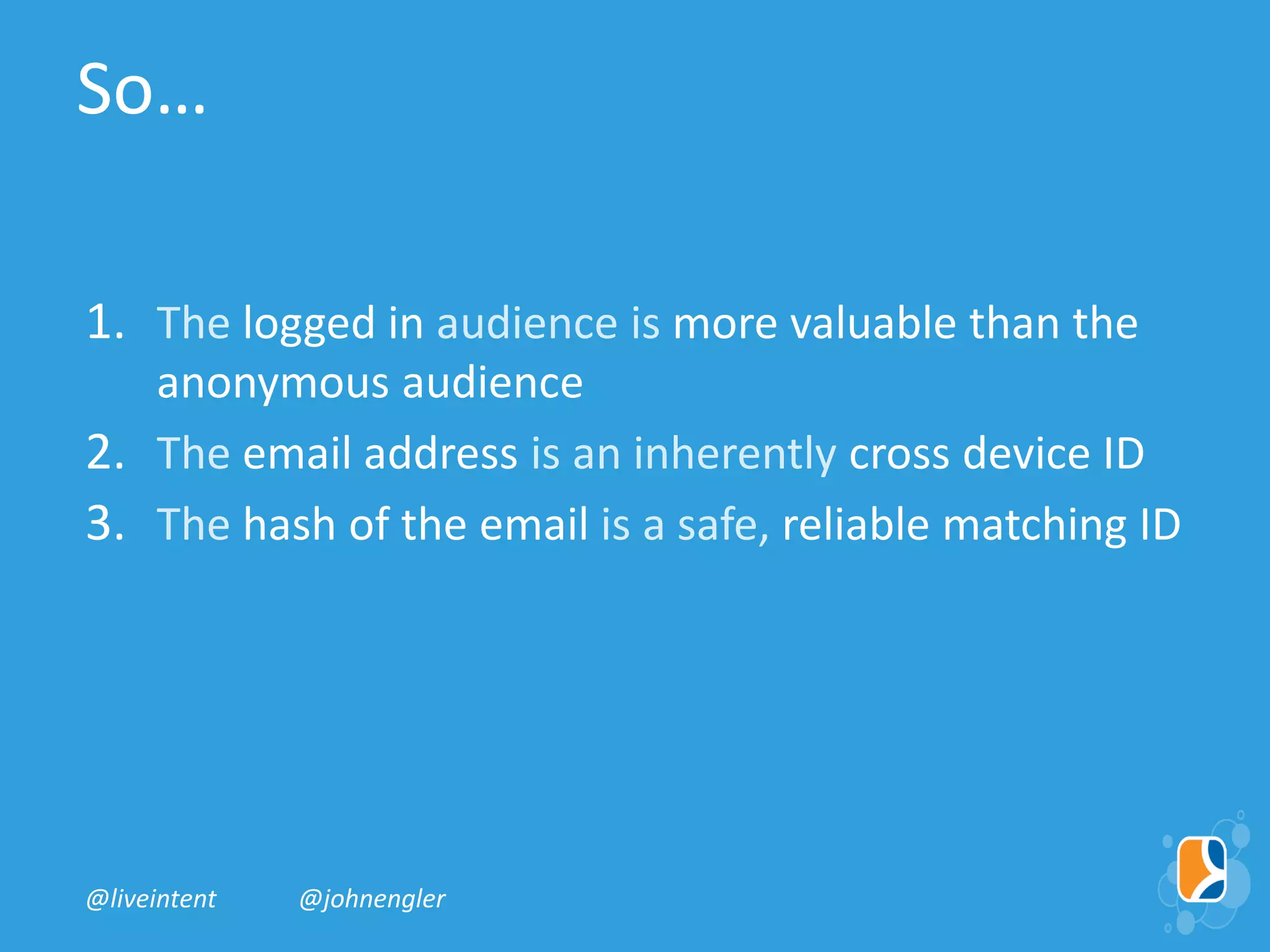 1. The logged in audience is more valuable than the
anonymous audience
2. The email address is an inherently cross device ID
3. The hash of the email is a safe, reliable matching ID
@liveintent @johnengler
So…
 