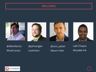 1
WELCOME!
@AllenNance
WhatCounts
@tom_sather
Return Path
@johnengler
LiveIntent
Lalit Chopra
Movable Ink
 