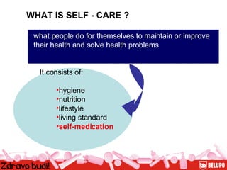 WHAT IS SELF - CARE ? what people do for themselves to maintain or improve their health and solve health problems It consists of: hygiene nutrition lifestyle living standard self-medication 