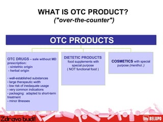 OTC PRODUCTS WHAT IS OTC PRODUCT?  ("over-the-counter") OTC DRUGS  – sale without MD prescription:  - sintethic origin - herbal origin well-established substances large therapeutic width  - low risk of inedaquate usage - very common indications packaging:  adapted to short-term treatment  - minor illnesses COSMETICS  with special purpose  (menthol..) DIETETIC PRODUCTS   food supplements with special purpose  ( NOT functional food )  